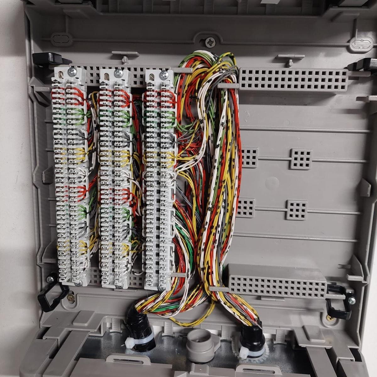Ordentlich aufgelegte Netzwerkkabel an einer Anschlussleiste