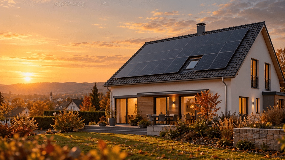 Einfamilienhaus mit Photovoltaikanlage auf dem Dach im Abendlicht